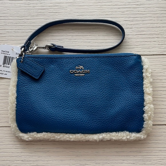 Coach Handbags - Coach Wristlet New With Tags Slate Blue Pebbled Leather Shearling Trim Accent